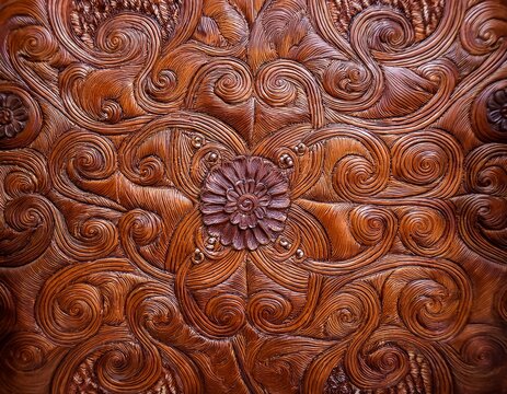 western hand tooled leather panel with embossed floral scroll pattern and visible stitching border in warm brown tones