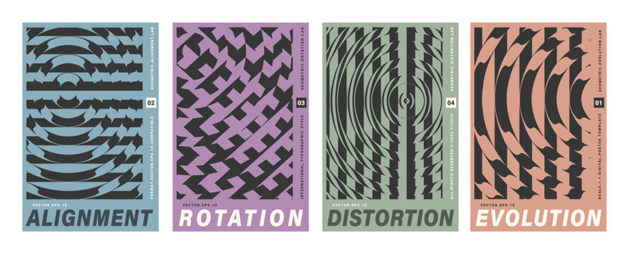 Optical illusion geometric distortion poster set, brutalist moire effect patterns with vector ripple lines and abstract wave curves, swiss design templates with bold typography for modern flyer print