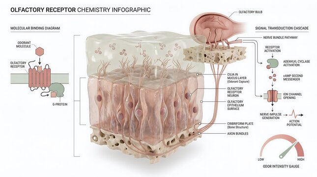 Olfactory receptor sensory nerve infographic with olfactory receptor biological