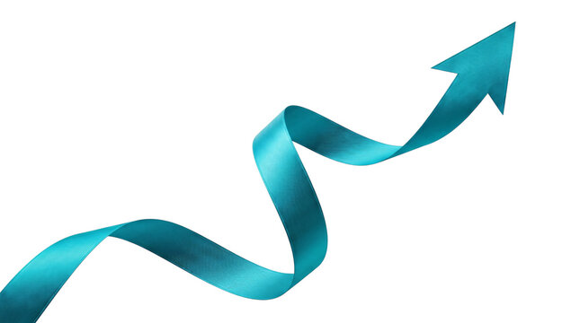 Blue metallic ribbon arrow, 3D curling strip, shiny teal directional symbol, modern decorative element