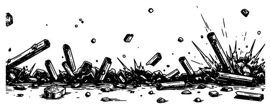 Ground explosion with flying debris illustration, shattered surface impact effect, dynamic rubble blast vector artwork