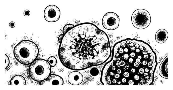 Microscopic cells and bacteria illustration, organic biological structures sketch, virus or microorganism under microscope vector