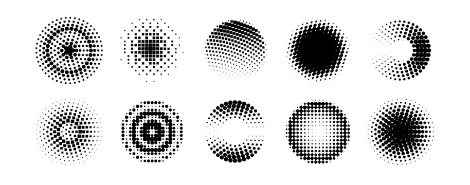 Halftone circle patterns and gradient black dots set, radial geometric round shape ornament vector design elements for retro futuristic Y2K graphic or brutalist pop art decoration
