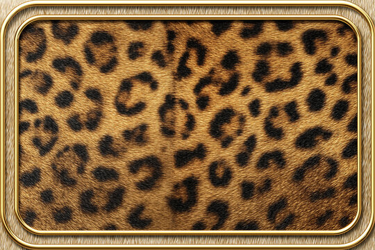 Luxurious leopard skin texture with gold metallic frame. Elegant wild cat fur pattern background for premium design template. Seamless realistic animal print banner