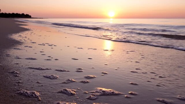 Sunrise over a quiet sandy shoreline with gentle ocean waves rolling onto the beach. Sun reflection on the calm water surface under an orange sky during the golden hour at dawn.