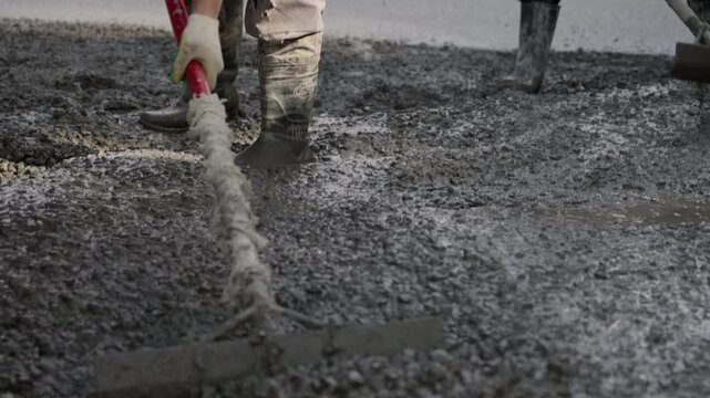 Smoothing freshly poured concrete surface with concrete rake