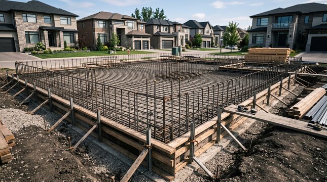 Construction foundation rebar steel grid frame for a new residential house building project showing wooden formwork framing materials on a sunny day at a suburban neighborhood site with luxury homes i