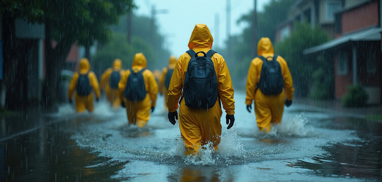 People in yellow raincoats, black backpacks walk through flooded street during heavy storm. Group evacuates residential area under downpour. Victims leave home for safety as climate change causes