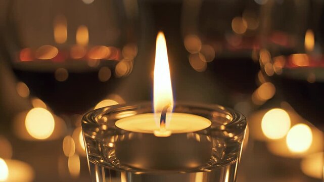 Burning Candle in a Glass Holder with Warm Evening Bokeh Lights in the Background