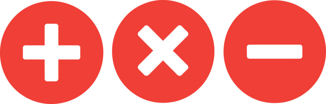 Red buttons with plus, cross, and minus symbols