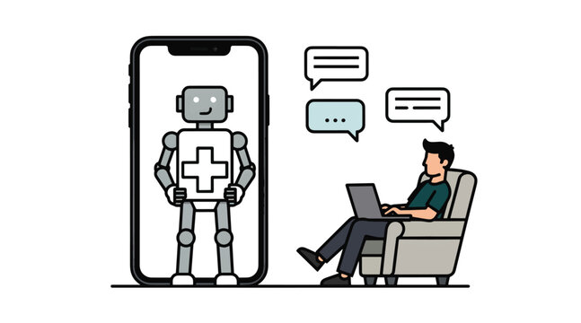 AI assistant on smartphone screen interacts with a person using a laptop computer for communication and support