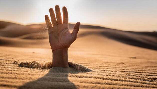 close up of a hand sticking out from under sand symbolizing a call for help or that someone is stuck in quicksand