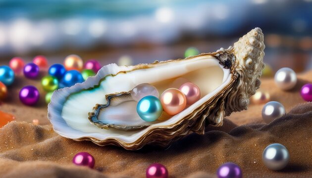 oyster laying on beach with colorful pearl wallpaper background