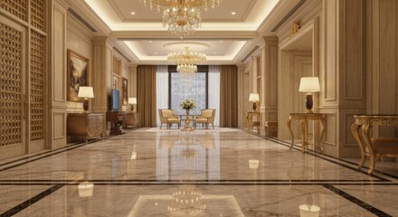 Obraz premium Elegant, symmetrical interior with marble floors, chandeliers, and classic furniture
