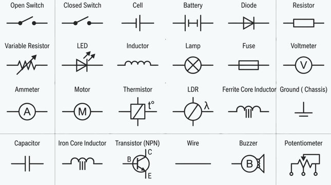 Electrical Circuit Symbols Vector Icons Switch Battery Diode Resistor LED Inductor Lamp Fuse Voltmeter Ammeter Motor Transistor Capacitor Ground Buzzer Collection