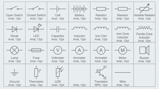 Electrical Circuit Symbols Vector Icons Switch Battery Diode Resistor LED Inductor Lamp Fuse Voltmeter Ammeter Motor Transistor Capacitor Ground Buzzer Collection