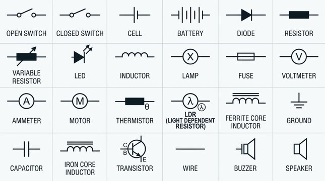 Electrical Circuit Symbols Vector Icons Switch Battery Diode Resistor LED Inductor Lamp Fuse Voltmeter Ammeter Motor Transistor Capacitor Ground Buzzer Collection