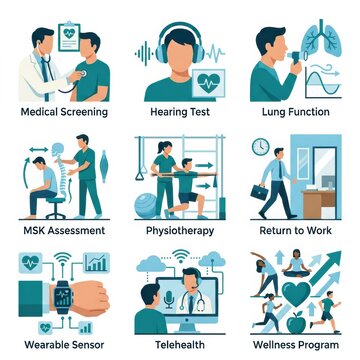 Different activities for wellness programs are shown such as medical screening, ergonomics assessments, and telehealth services for employees.