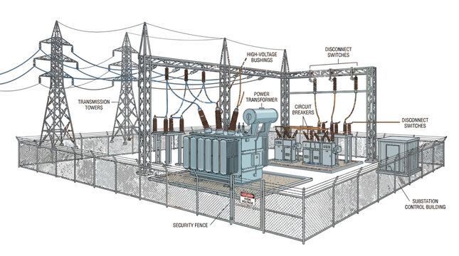Electrical Substation Vector Diagram Transformers Circuit Breakers Isolators Busbars Lightning Arresters Current Transformers Potential Transformers Control Building Transmission Lines Power Infrastru