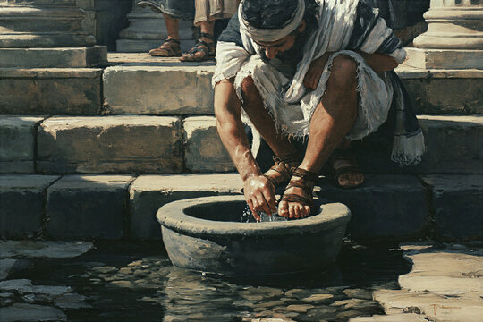 Pilgrim washing feet in basin before entering temple steps, ritual preparation