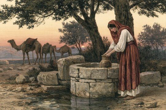 Rebekah drawing water from a stone well at twilight, camels waiting in the background, ancient pastoral beauty
