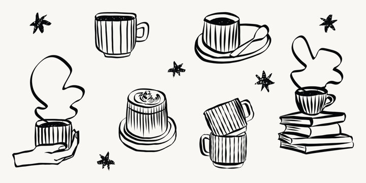 Quirky cafe doodles featuring coffee cups, latte and espresso. Hand-sketched breakfast beverage icons in retro style perfect for menu design projects. Grunge textured Vector Illustration
