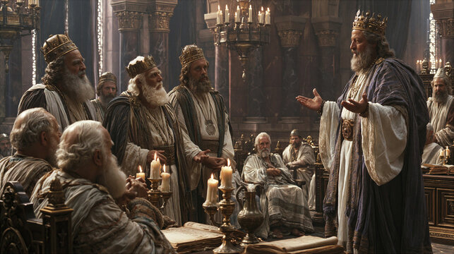Rehoboam rejecting counsel of elders in a tense council hall
