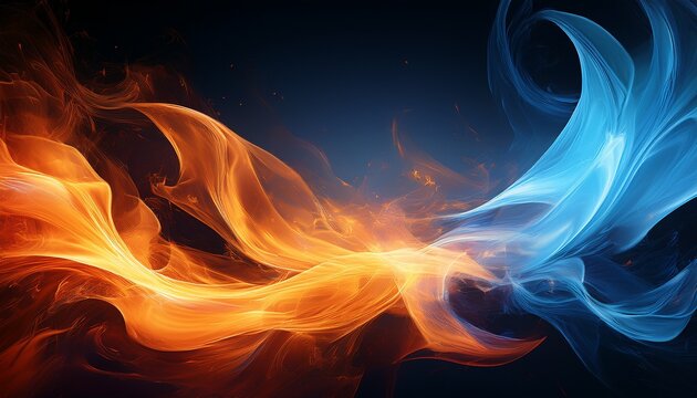 abstract image showing orange fire on the left and blue flame on the right against a dark background