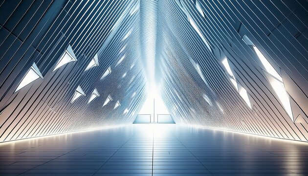 endless luminous hallway featuring triangular architecture bathed in bright light and reflective white surfaces