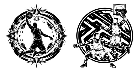 Basketball Players Action Silhouettes Set Slam Dunk and Defense Game Concept Sport Emblem Engraving Style Vector Illustration © Luka