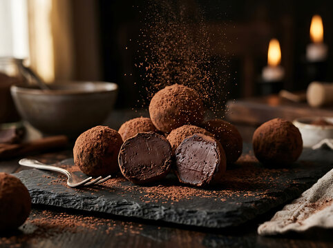 Delicious chocolate truffles on a slate board with cocoa powder