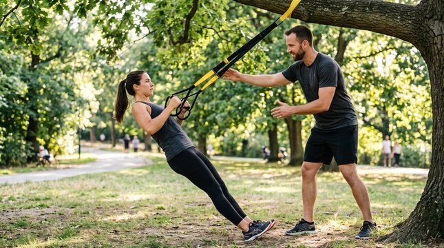 Trainer assisting woman with suspension training exercise in a park on a sunny day