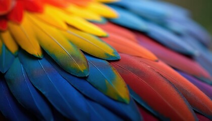 Fototapeta premium Close-up macro view of vibrant macaw bird feathers. Colorful plumage displays red blue yellow green hues. Natural organic texture pattern detail.