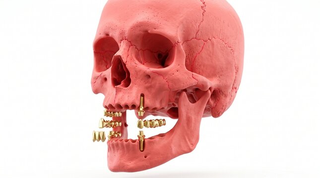 3d rendering of human skull with dental implants and artificial teeth set against white background with detailed rendering pink