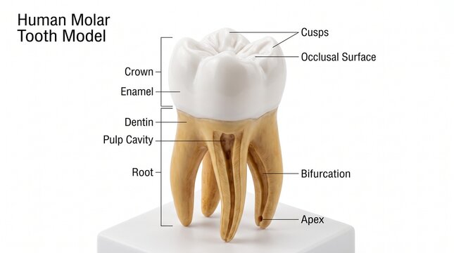Detailed anatomical model of a human molar tooth with labeled parts including crown enamel dentin pulp cavity roots and cusps on white background