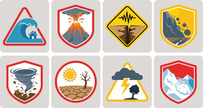 Set of natural disaster warning shield and diamond featuring tsunami, volcano, earthquake, landslide, tornado, drought, storm, avalanche