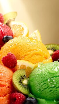 macro of colorful fruit sorbet scoops with fresh fruit pieces melting slightly, bright summer light, vibrant and refreshing textures