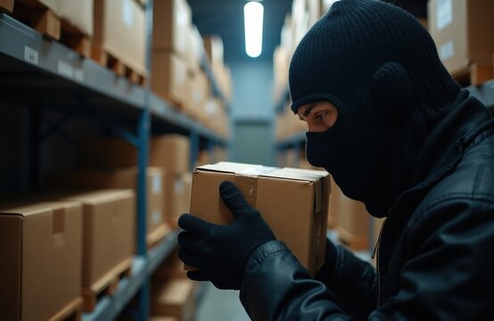 Thief wears black mask, gloves stealing parcel box from warehouse storage shelf. Criminal guy takes cardboard package in dark depot. Illegal act of stealing goods during night shift. Burglar hides