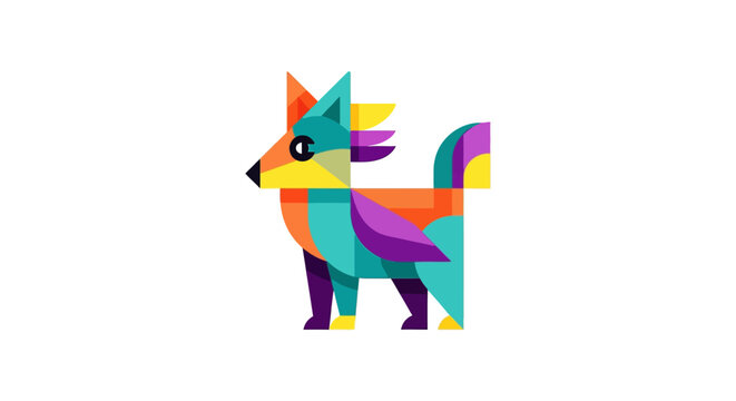 Colorful geometric dog figure standing.