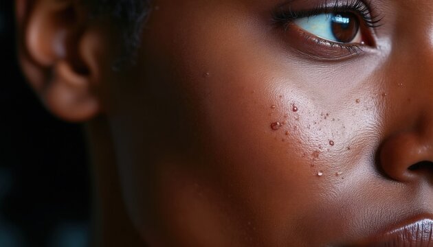 Close up view of dark skin with hyperpigmentation spots. Woman face shows natural texture, brown pores. Medical imagery of epidermis health conditions for skincare clinic article. Beauty portrait