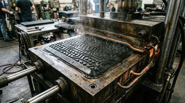Closeup of vulcanizing rubber mats with antifatigue cushioning texture showcasing heat molding and detailed traction pattern in an industrial workshop setting.