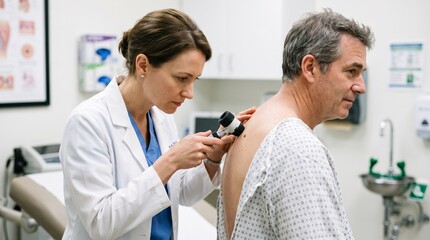 Fototapeta premium Doctor examining patient's mole with dermatoscope in a medical examination room
