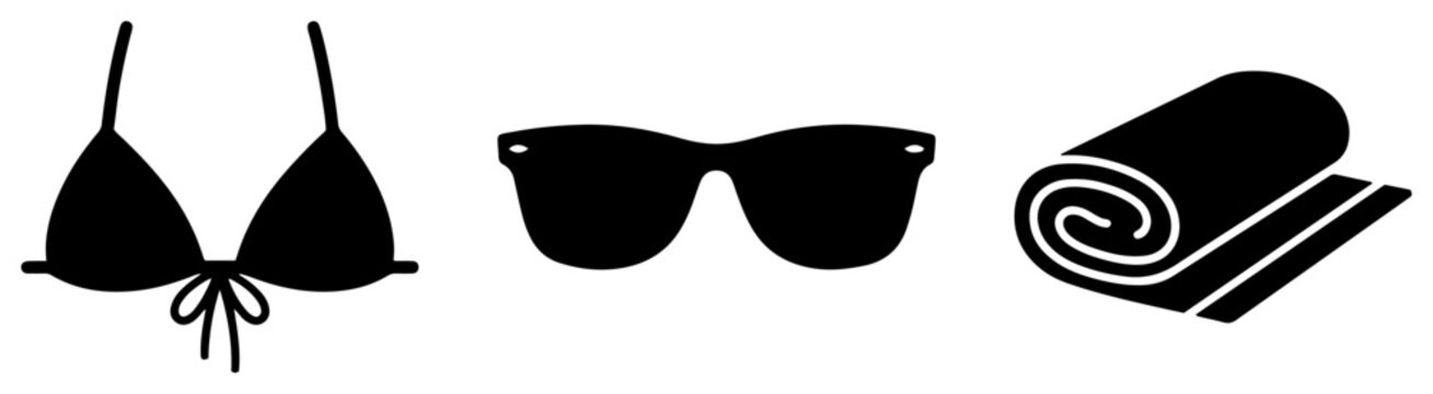 Summer beach essentials including bikini top sunglasses and rolled towel icons