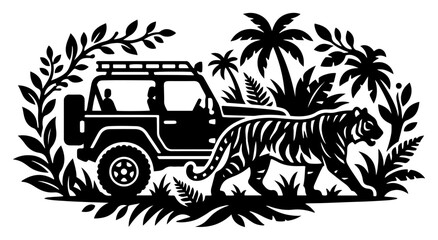Safari adventure with off-road jeep tiger and tropical jungle plants in silhouette vector style © AnjaliDesai