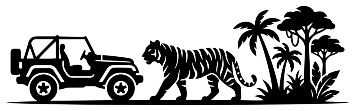 Jungle safari scene featuring off-road vehicle tiger and palm trees in minimalist silhouette style