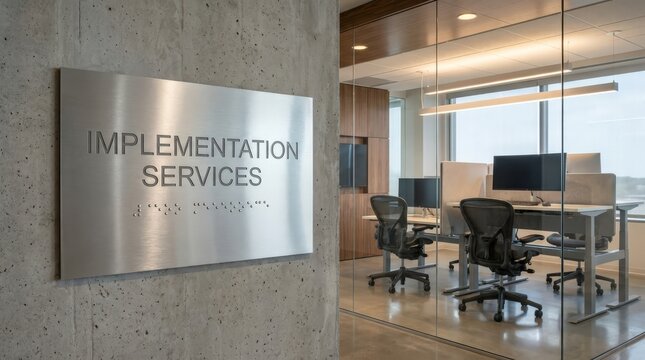 Modern office implementation services department sign and workspace