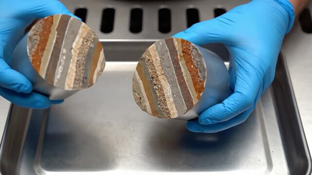 A male technician wearing blue gloves holds a metal cylinder showing layered geological soil samples.