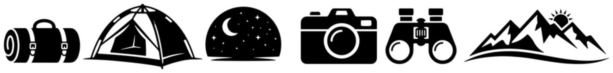 Outdoor adventure icons set including tent binoculars camera and mountains in silhouette style © AnjaliDesai