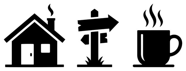 Small house cottage with directional signpost and hot coffee mug in minimalist vector style © AnjaliDesai