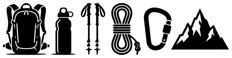 Hiking gear set with backpack rope and mountain icons in minimalist vector style © AnjaliDesai